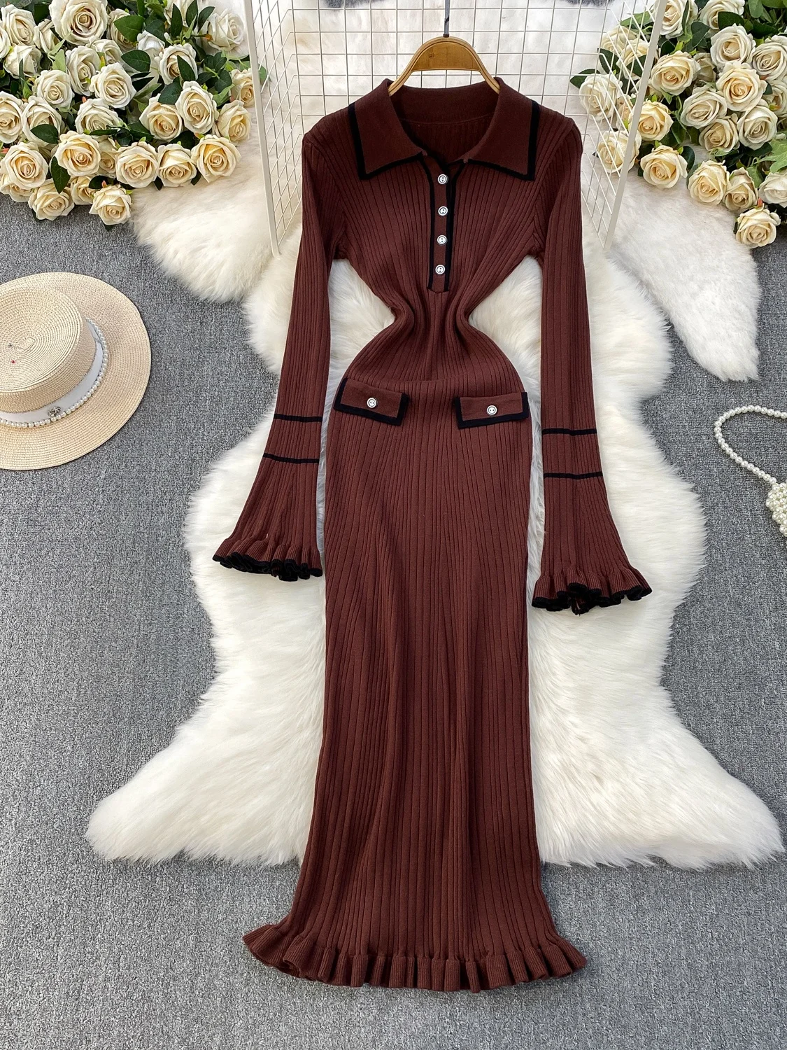 Ele Korean Sle Knitted Long Sve Striped Dr High Waist Fi Tail Design Button Detail Slimming Midi Dr for Women:Ele Korean Sle Knitted Long Sve Striped Dr High Waist Fi Tail Design Button Detail Slimming Midi Dr for Women:Koreański sweter z dzianiny, długi, w paski, z wysokim stanem, z ozdobnymi detalami, zapinany na guziki, wyszczuplający, midi, dla kobiet