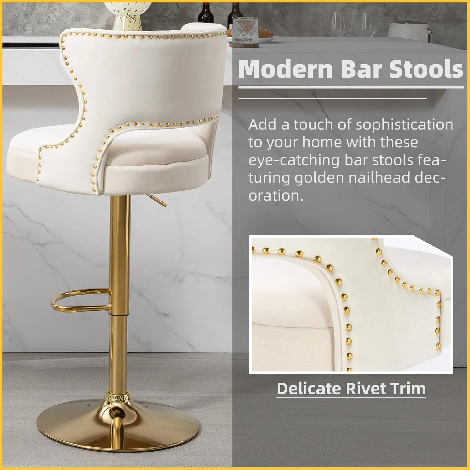 Westice Gold Bar Stools Set Of 6, Counter Height Adjustable Barstools, Modern Velvet Swivel Bar Chairs With Curved Back, Metal