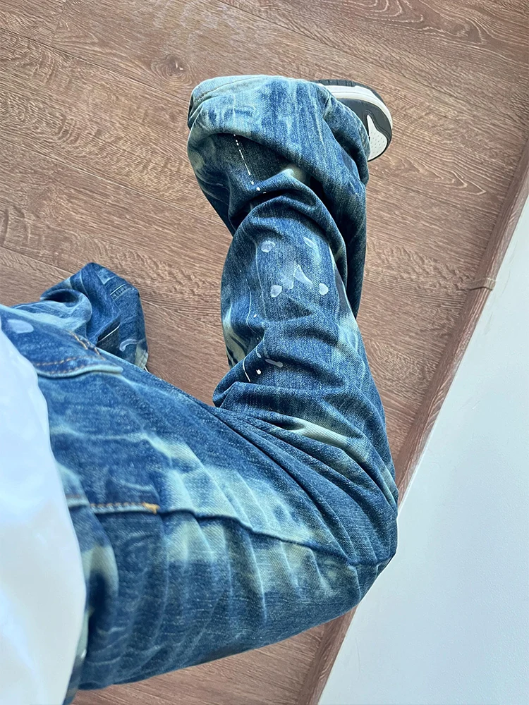 

Men's High Waist Straight Leg Jeans Dye Spill Design Waed American High Street Faion Trend Youth Wear Cotton Polyester