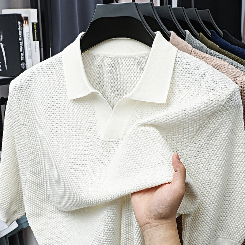 

100 хлопковая элитная брендовая мужская футболка с короткими рукавами и лацканами, новая летняя однотонная маленькая мужская одежда с v-образным вырезом, модная деловая мужская одежда для отдыха