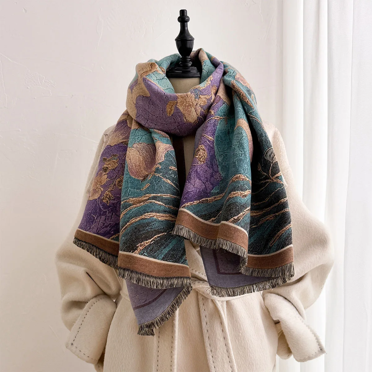 New Vintage Golden Purple Floral Oil Painting Imitation Cashmere Reversible Tassel Shawl Wrap Women Warm Neck Scarf For Winter