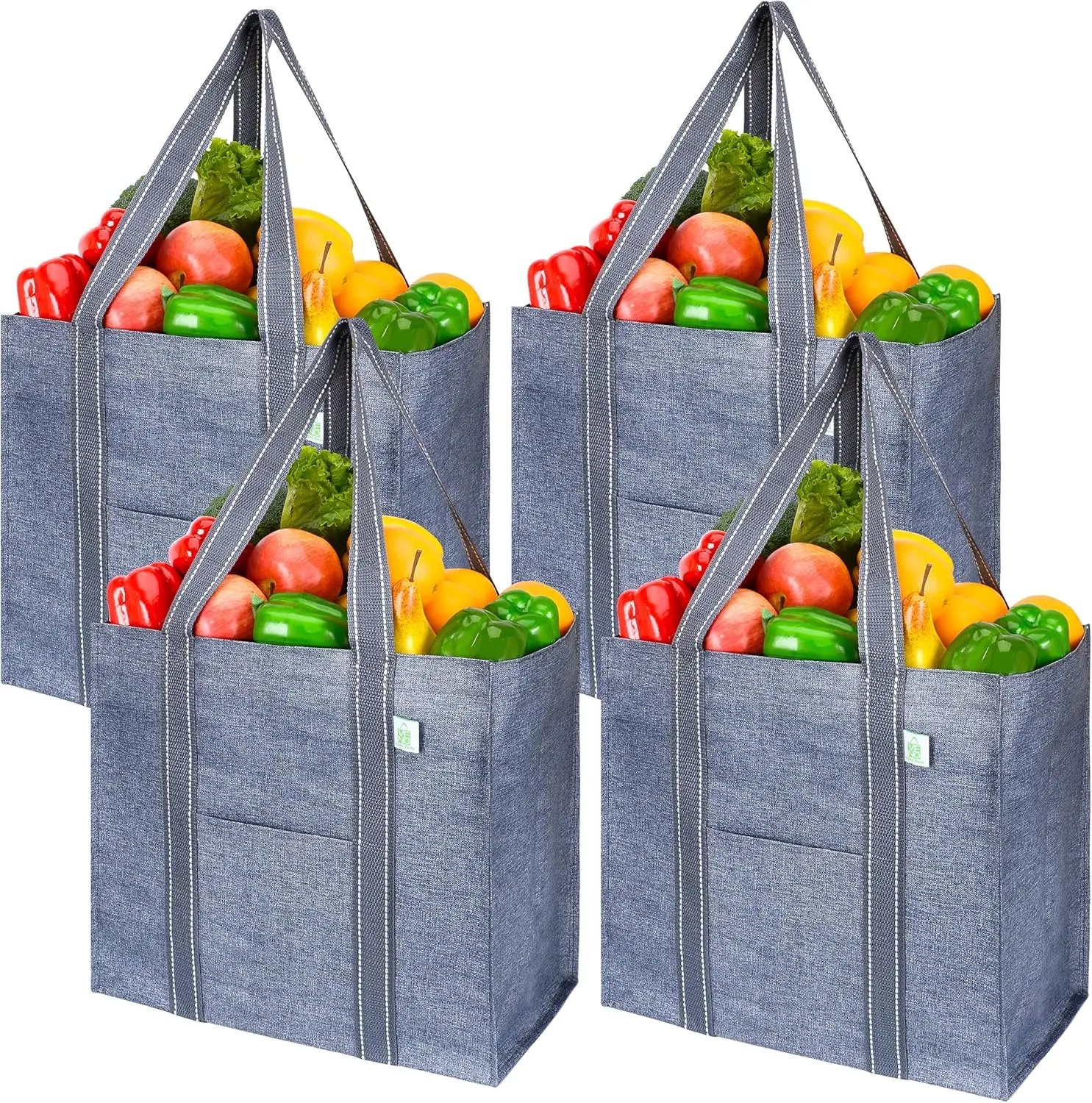

4 Pack Heavy-Duty Reusable Grocery Bags with Hard Bottom, Foldable Shopping Cart Bags, Multi-Purpose Gray