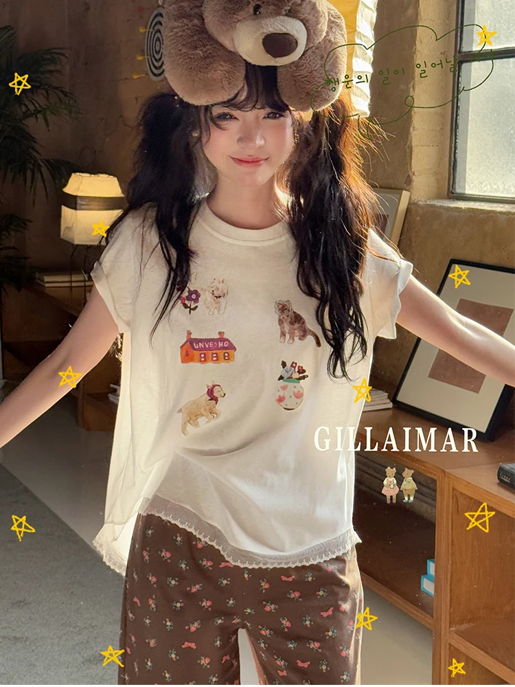 2025 summer new Japanese original cartoon cat short-sleeved suit round neck sweet girl floral casual loose loungewear