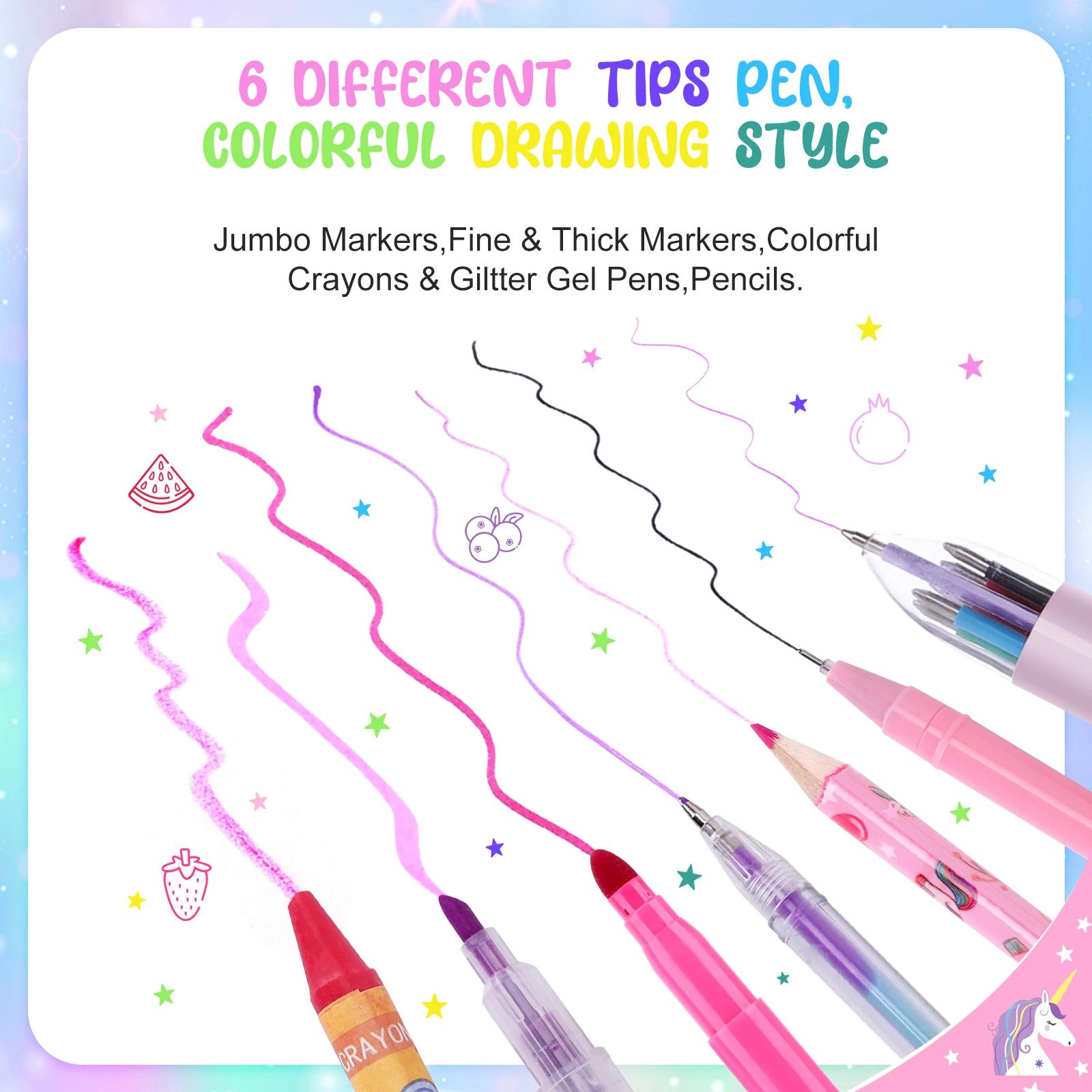 مجموعات قرطاسية يونيكورن للفتيات 4-12 مجموعة فنية للأطفال 50+ مجموعة أقلام تلوين معطرة بالفواكه وحقيبة تخزين طقم طلاء للأطفال