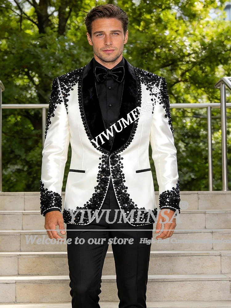 Exquisite Suit Men For Wedding Velvet Label Prom Blazers Customized Black Beaded Stones Groom Tuxedos 2 Piece Sets Formal Wear