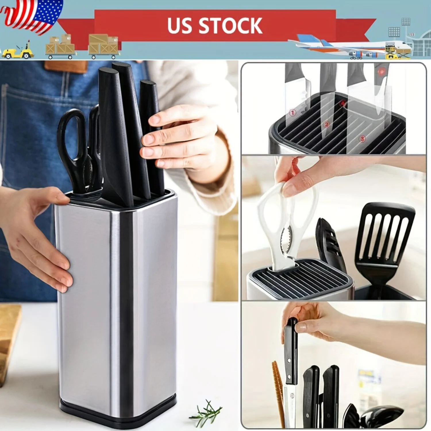 

Universal Block Holder, Stainless Steel Organizer with Scissor Slots, Space-Saving Countertop Stand for Any Up To 8.10 Inches