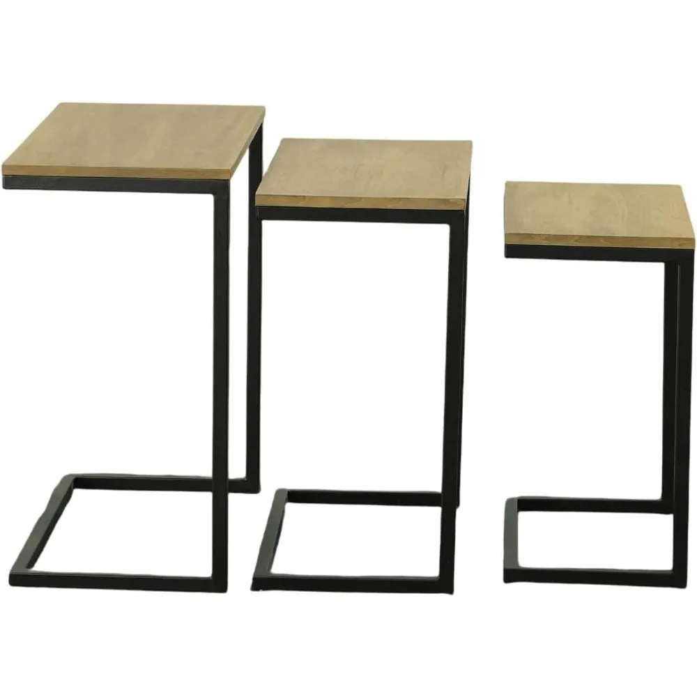 طقم طاولة متداخلة خشبية مستطيلة مكونة من 3 قطع مع إطار من سبائك الصلب للأثاث الحديث والمساحة #4