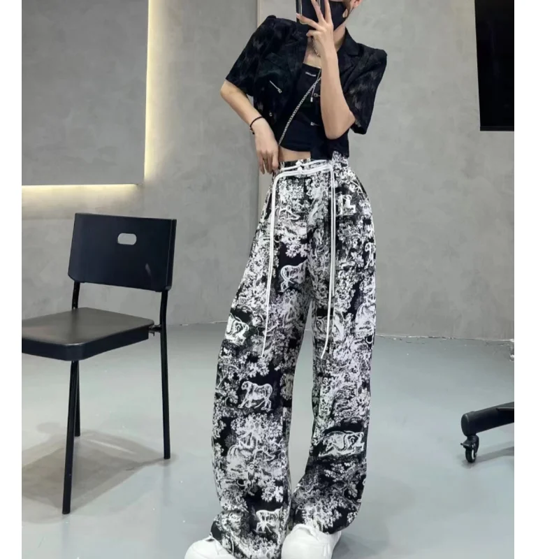 المرأة قيعان Vintage التعادل الأسود صبغ Pants غير رسمية عالية الخصر واسعة الساق السراويل المستقيمة موضة الشارع فضفاض واسع بنطلون السيدات #3