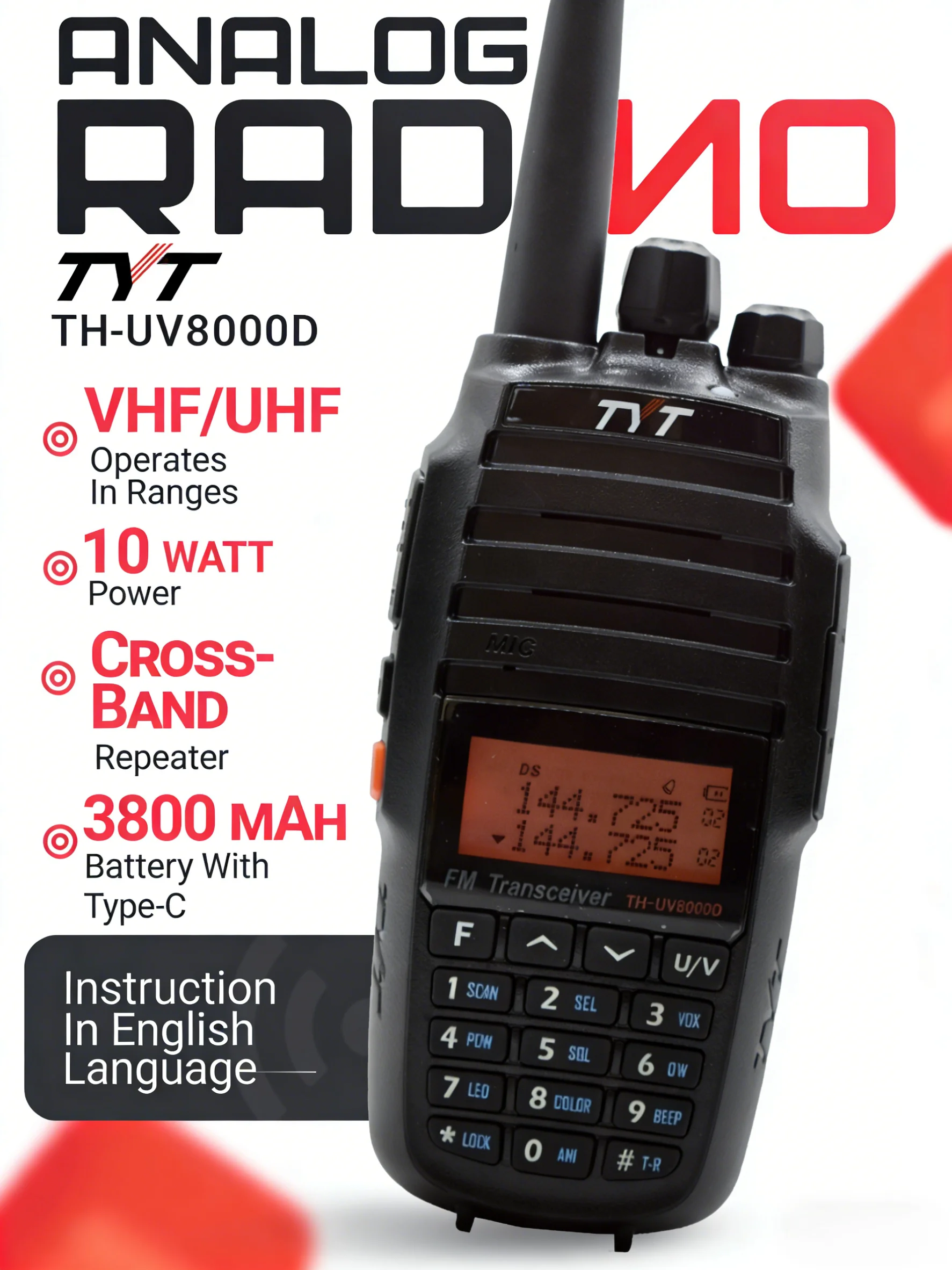 10W High - Power Tyt Th - Uv8000D Dual - Band Portable Walkie Talkie,136 - 174Mhz&400 - 520Mhz, 3600Mah Battery, With 2 Antennas