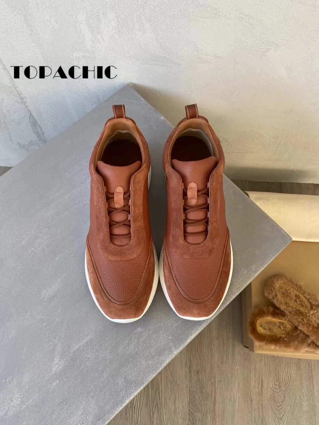 9.11 TOPACHIC Men Fashion New Sneakers Cowhide Spliced Lace-up Round Top Thick Sole Hard-Wearing Casual Shoes