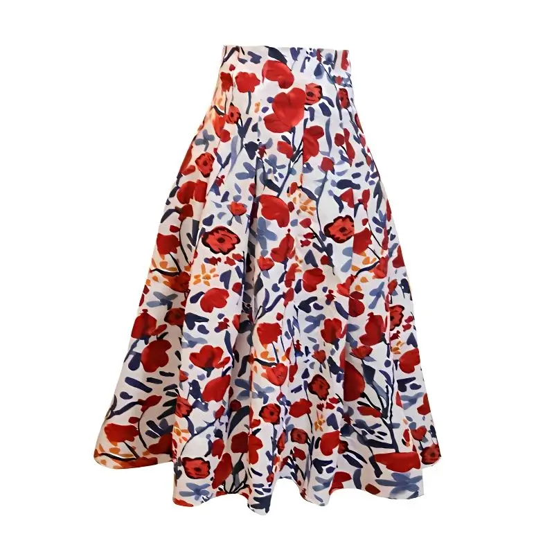 Women High Waisted Floral Skirt 2025 Spring Fall Cotton A Line Midaxi Skirt Full Pleated Swing Skirt Elegant Casual Office Wear