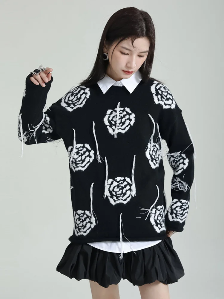 [EAM] Wihte Flower Big Size Knitting Sweater Round Neck Long Sleeve Women Pullovers New Fashion Tide Spring Autumn 2024 1DF5110