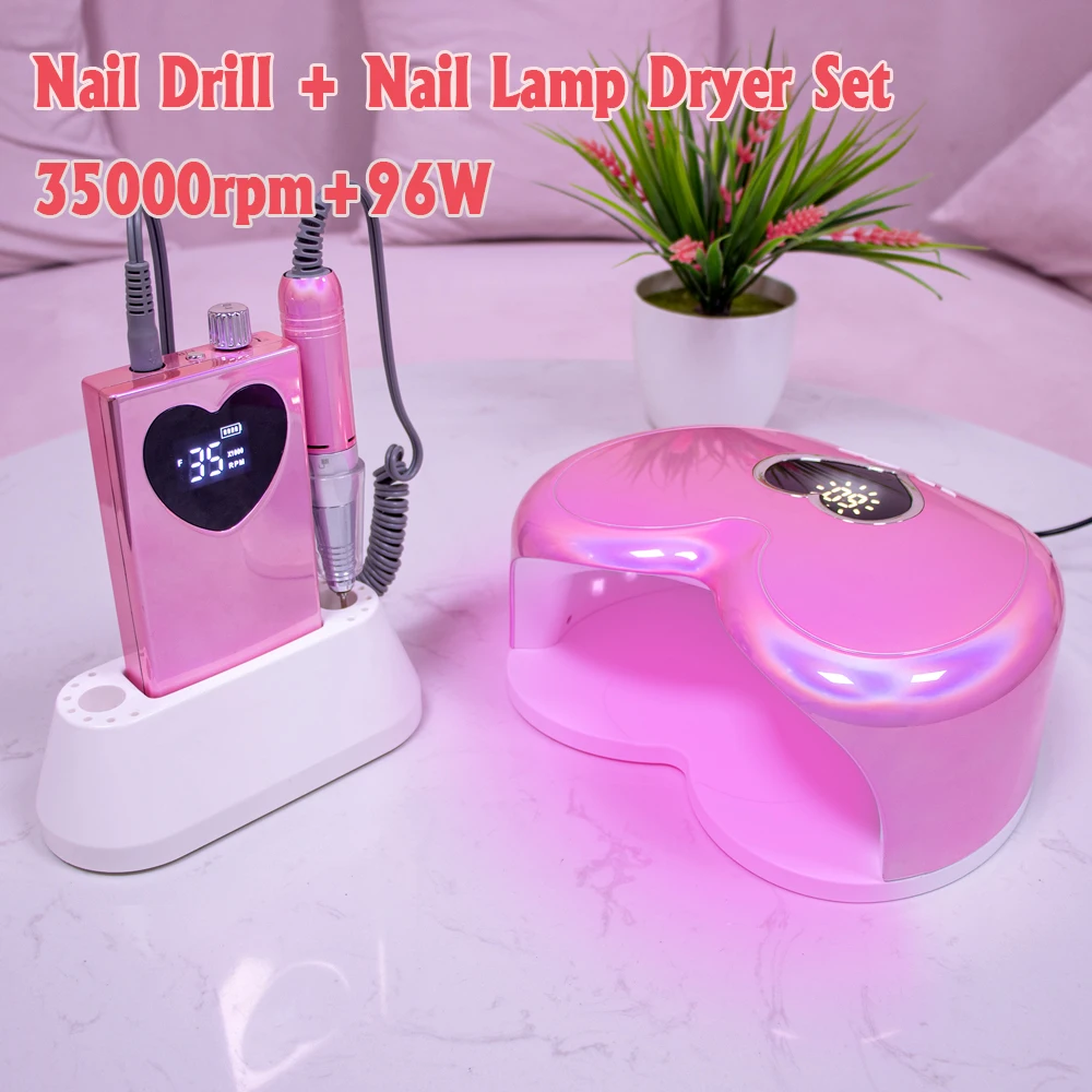 Machine de manucure professionnelle 96W Lampe à ongles UV-LED à séchage rapide Set Coeur rose Rechargeable 35000 Nail Art Drill Tool Kit Set