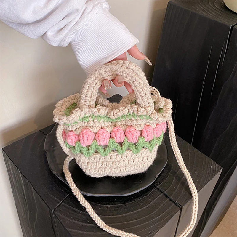 Woolen Women Bag Boho Floral Crochet Handbag Fashion Boho Knitted Bag Female Handmade Woven Shoulder Bags Beige Basket Beach Bag