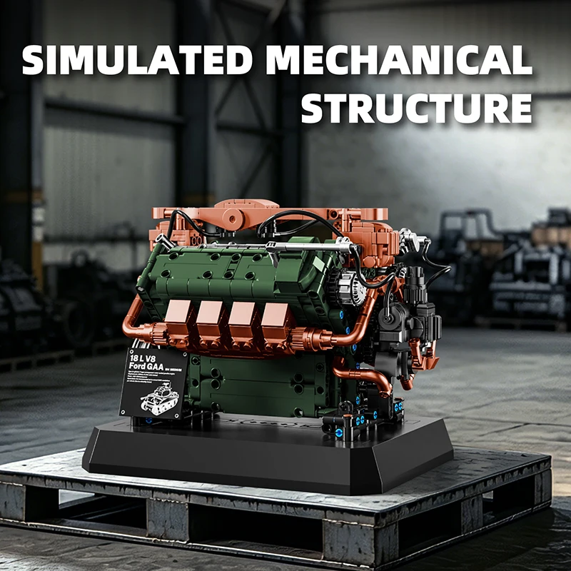 Vintage Tank V8 Engine Building Blocks Simulation Motor MOC Bricks STEM DIY Model Toy Gift For Kids Adults