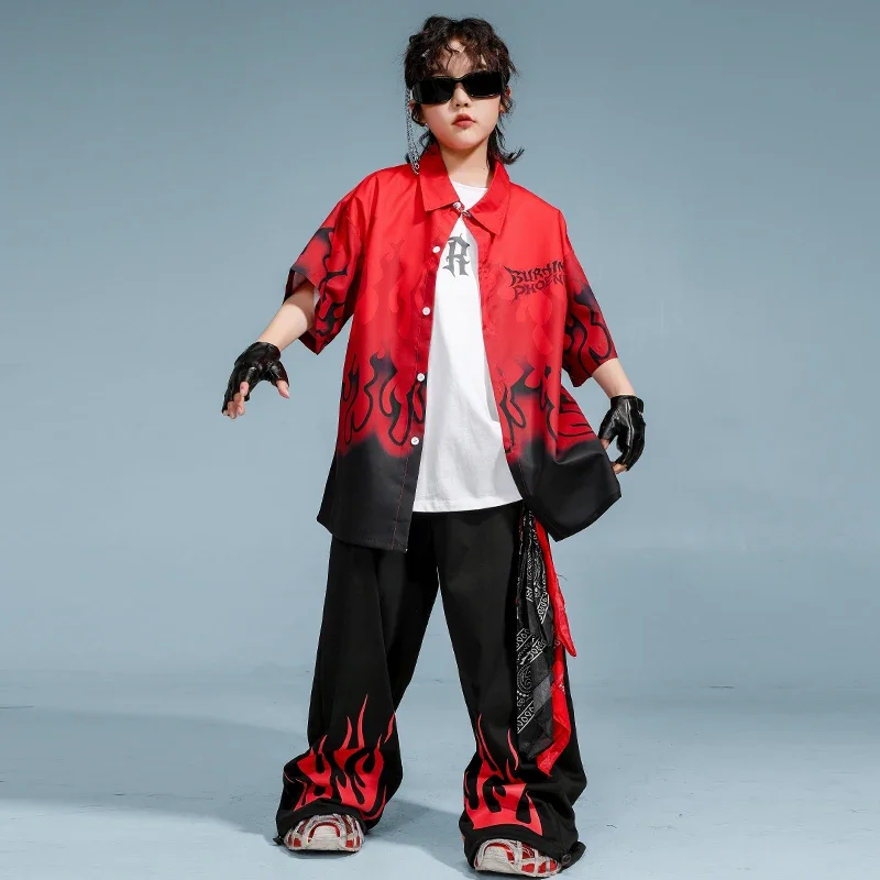 Hip Hop Outfit Jungen Flamme Shirt Street Dance Jogger Hosen Mädchen Feuer Bluse Kinder K-pop Streetwear Kinder Kostüme Kleidung set