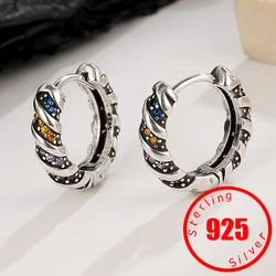 Sello de aguja de plata 925 para mujer, pendientes de aro de circonita de Color arcoíris Vintage, joyería fina elegante y a la moda