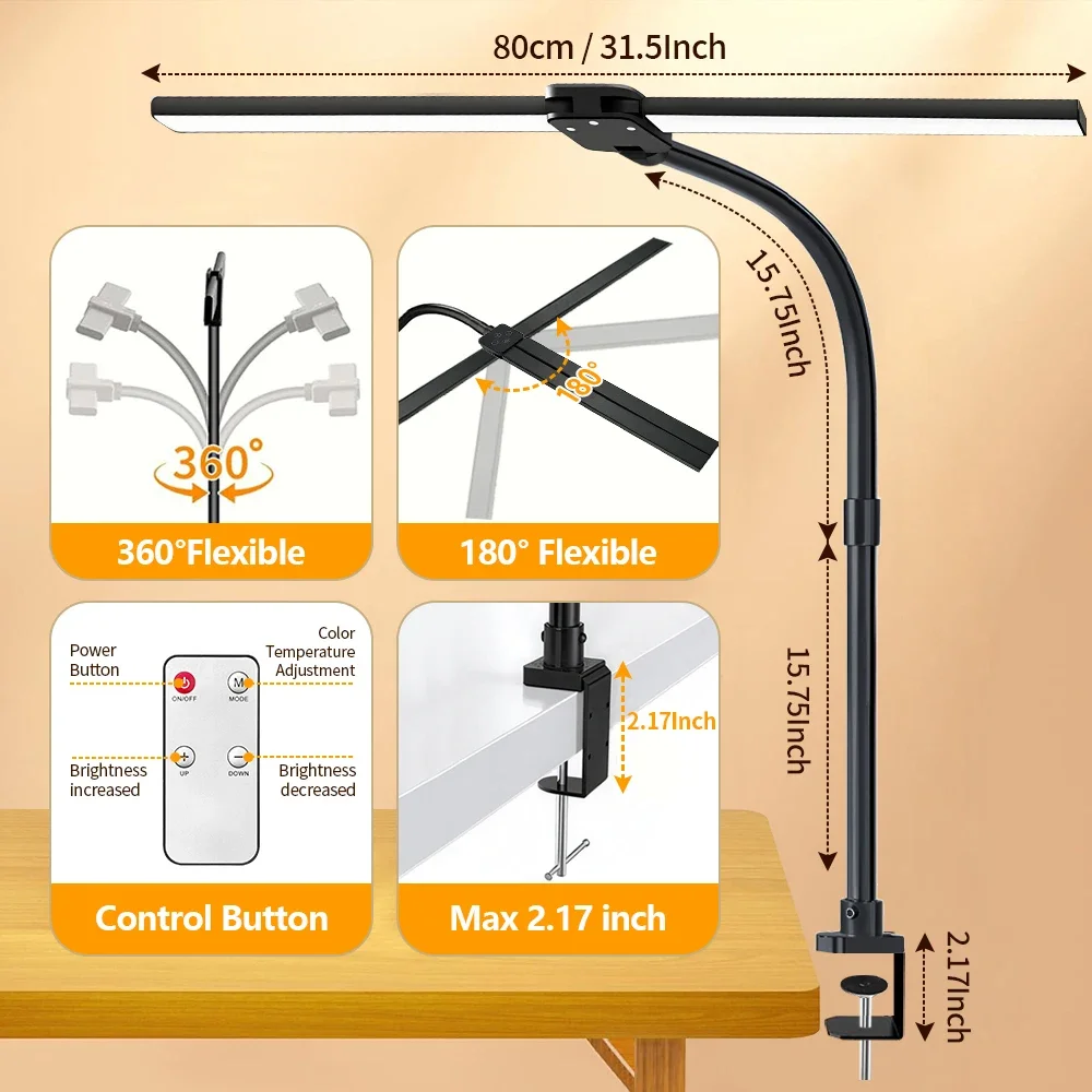 24 واط الترا برايت مزدوج الرأس LED لمبة مكتب العناية بالعين القراءة الخفيفة مع جهاز التحكم عن بعد 5 إعدادات درجة حرارة اللون 10 مستوى