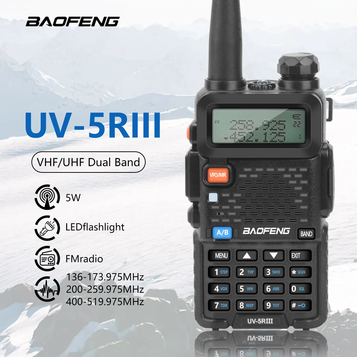 

BAOFENG UV-5RIII Walkie Talkie Tri-band 136-174MHz200-260MHz 400-520MHz 128Ch 5W FM VOX Two Way Radio with Earphone