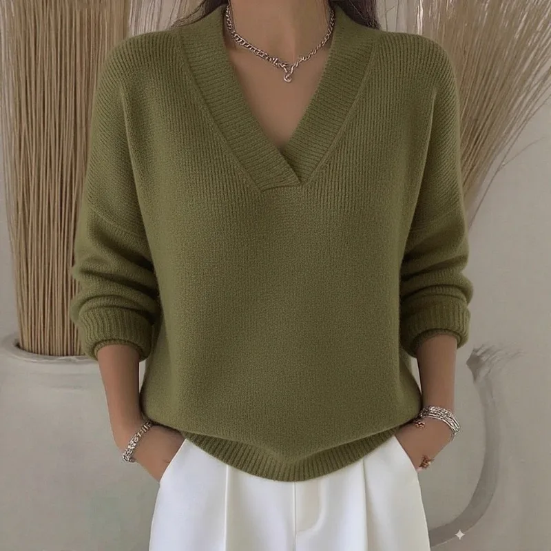 

Autumn Winter New Solid Color Sexy V-neck Knitted Sweater For Women Loose Slimming Knitted Pullover Thick Sweater For Women
