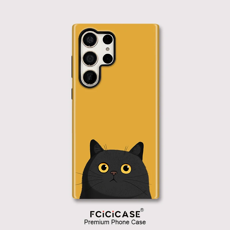 Fcicicase For Samsung Galaxy S26 Edge S24 Ultra S23 S25 Plus S20 FE A26 A36 Cute Black Cat Phone Case Luxury Double-layer Cover