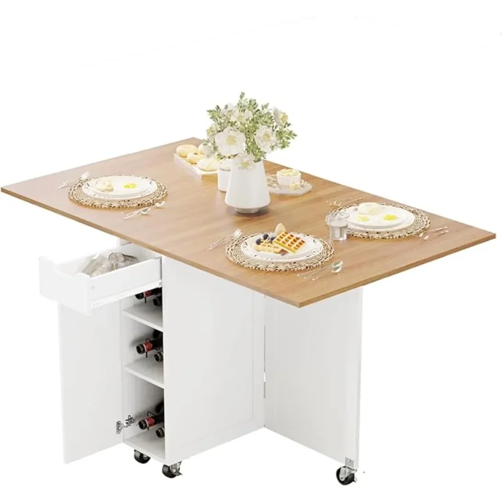 

Dinner Table with Drawer and Storage and Shelves, Space Saving Dining Table with 6 Wheels, Kitchen Table for Small Spaces