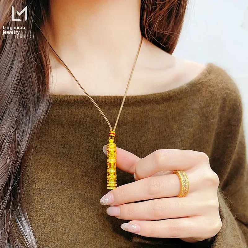 Dot Drill Hollow Six-character True Words Eight Treasures Carry-on Buddha Pendant Golden Buddha Year of Life Woolen Chain Female