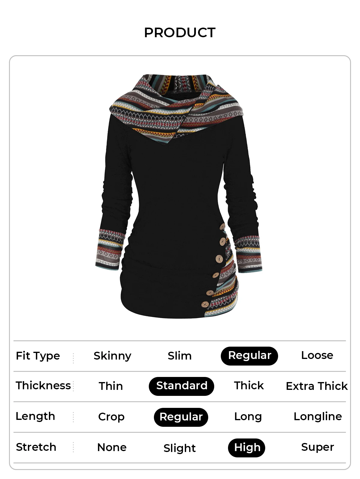 Dressfo Women's Hoodie Tops Tribal Geometric Stripe Panel Hooded Knit Top Long Sleeve Mock Button Knitted Top