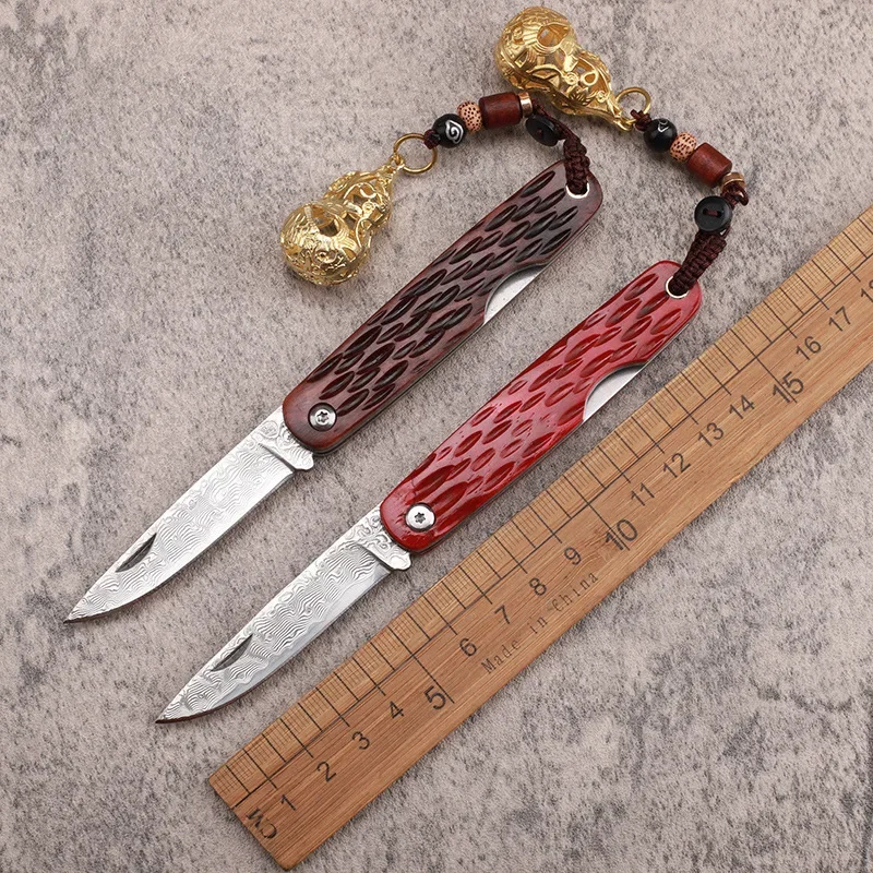 

Damascus Steel Sharp Folding Blade Knife Ox Bone Handle Outdoor Camping Survival Tool For Self-defense With Leather Case