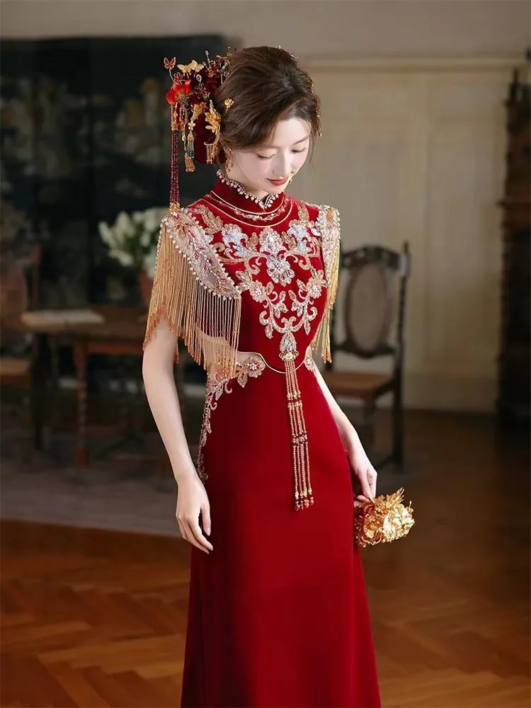 New Chinese Xiuhe Toast Machine Embroidery Tassel Morning Gowns Cheongsam Fashionable Dress