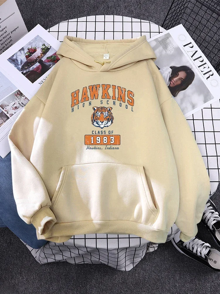 Harajuku Oversize Outerwear Sports Hooded Pullovers Trend Hat Rope Sweatwear Hawkins High School Class Of 1983 Print Women Hoody