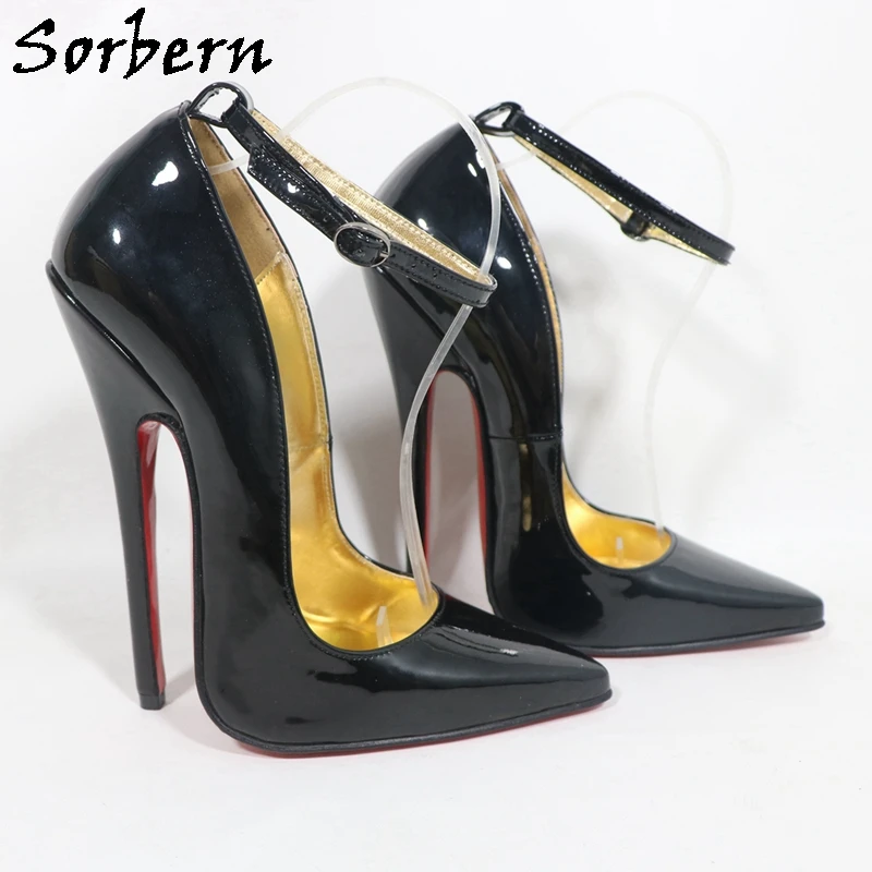 Sorbern أسود لامع مثير النساء حذاء بكعب مع حزام الكاحل وأشار أصابع الذهب بطانة الخناجر 16 سنتيمتر عالية الكعب لون مخصص