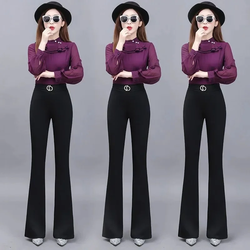 Lady Fashion Elastic Waist Trousers Spring Autumn Female Casual Micro Flared Pants Women High Waist Solid Color Suit Pantalons