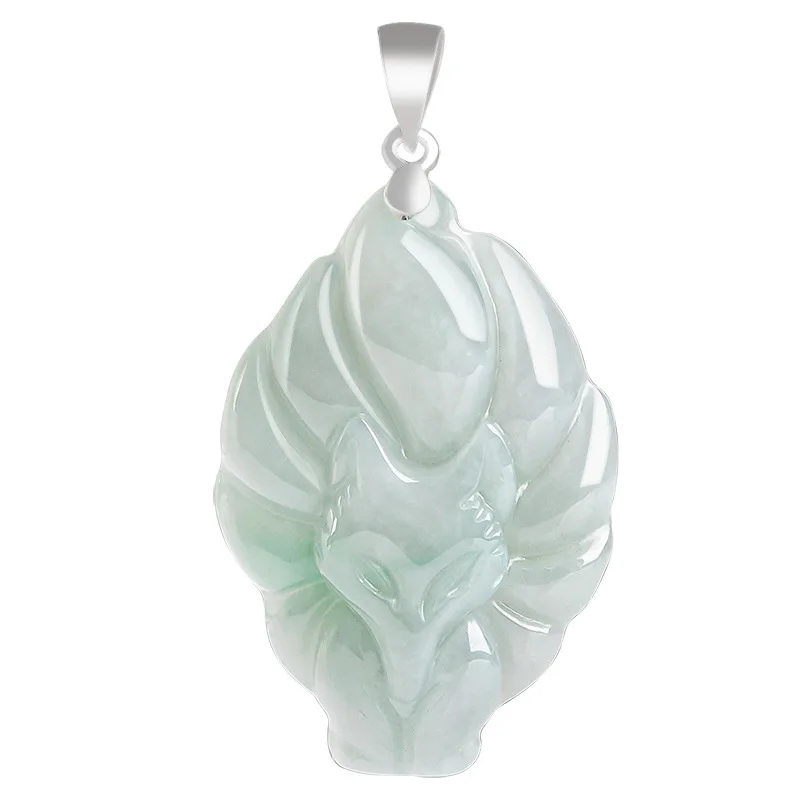 Jia Le/ 925 Silver Inlaid Natural Jade Light Green Nine-tailed Fox Necklace Pendant Jewelry Accessories Fashion Men Women Gift