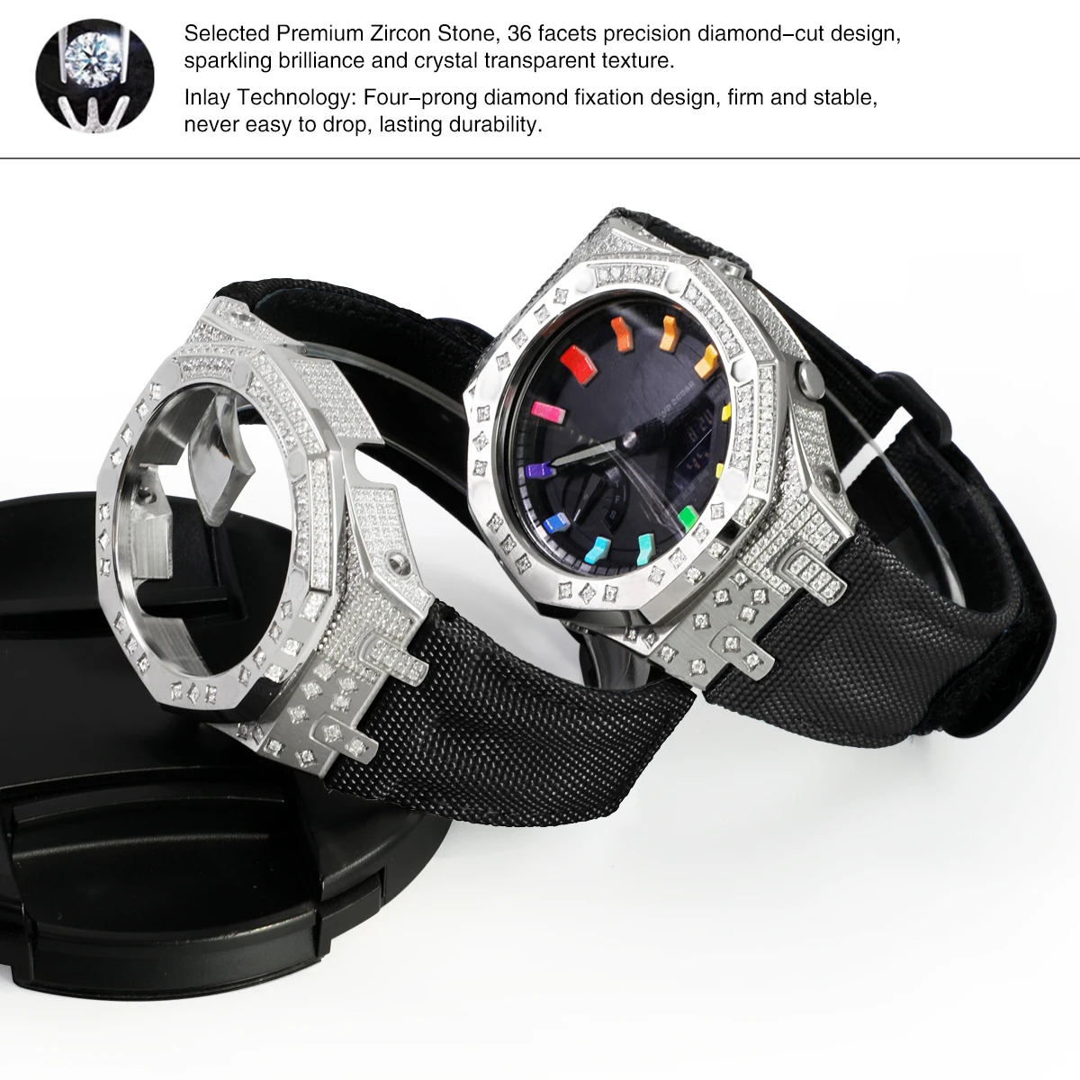 Diamond studded stainless steel case with nylon strap for GA-2100 GM-2100 model watch modification accessories.