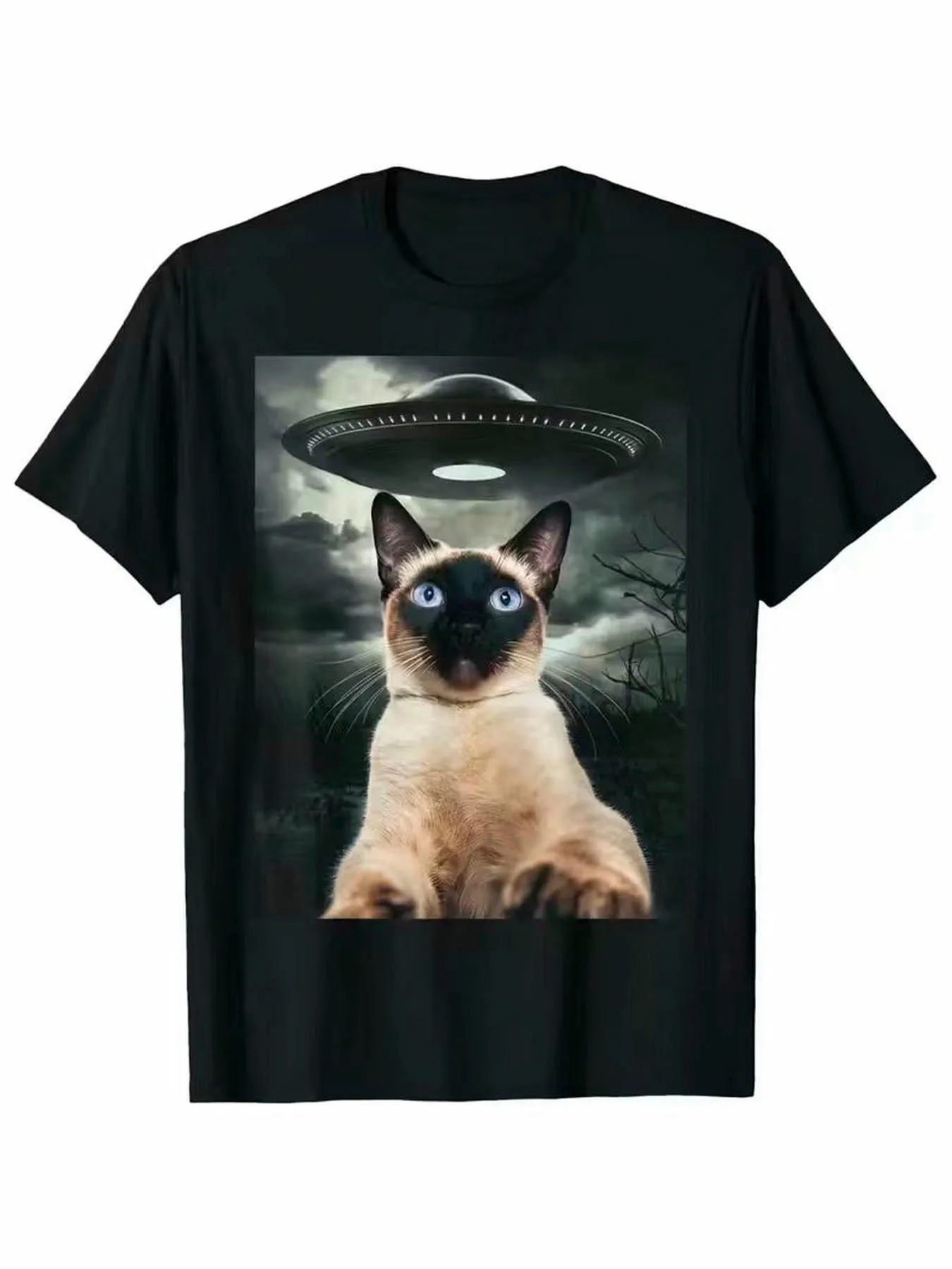 Funny Men's Black Graphic T-Shirt Siamese Cat Blue Eyes Ufo Night Sky Storm Clouds Mystery Print 100% Cotton Heavyweight Short Sleeve Casual Streetwear Tee