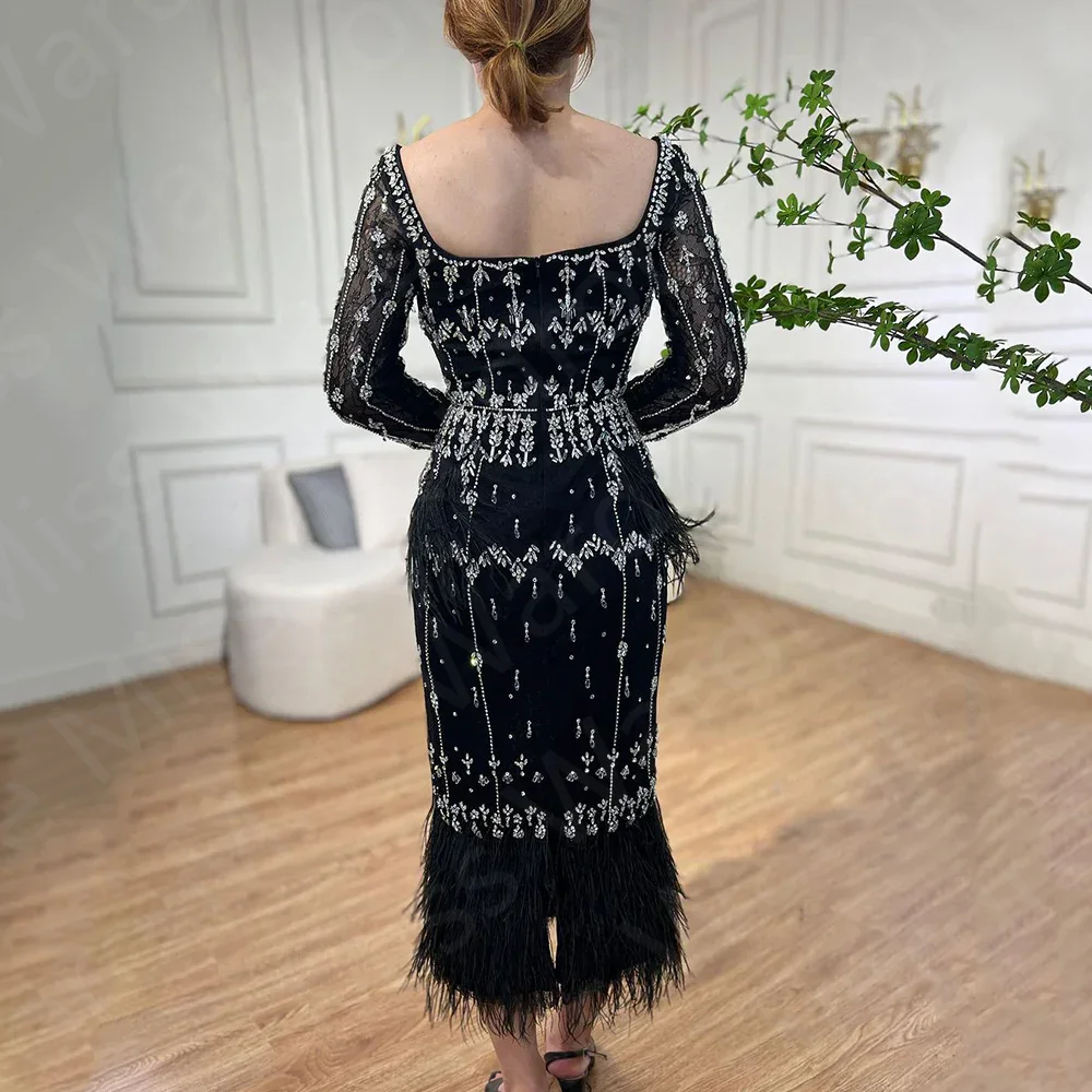 Customized Vintage Feathers Prom Dresses Black Mermaid Wedding Party Dresses Mid Calf Length Beading Evening Gowns Long Sleeves