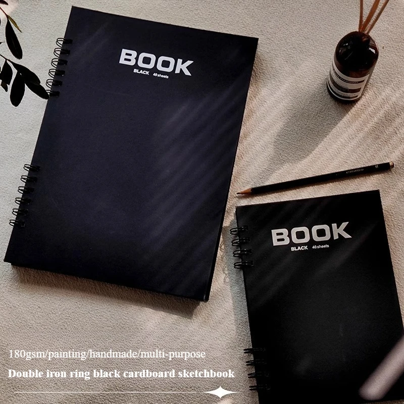 

Двойное железное кольцо A5/A4, черный картонный альбом для рисования, 40 страниц, плотная бумага 180 г/м2, для цветных карандашей, масляная пастельная маркеры, граффити