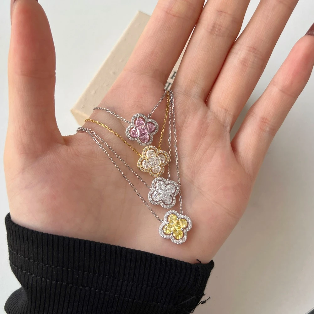 Wong Rain 925 Sterling Silver 4MM Princess Cut Lab Sapphire Citrine Gemstone Four-leaf Clover Pendant Necklace Fine Jewelry Gift