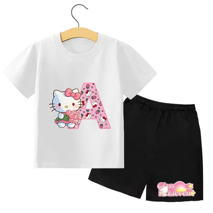 

Sanrio Hello Kitty Kids T-shirt Set Cartoon Letter Print Clothing Girls Kawaii Summer Casual Two Piece Suit Child Birthday Gifts