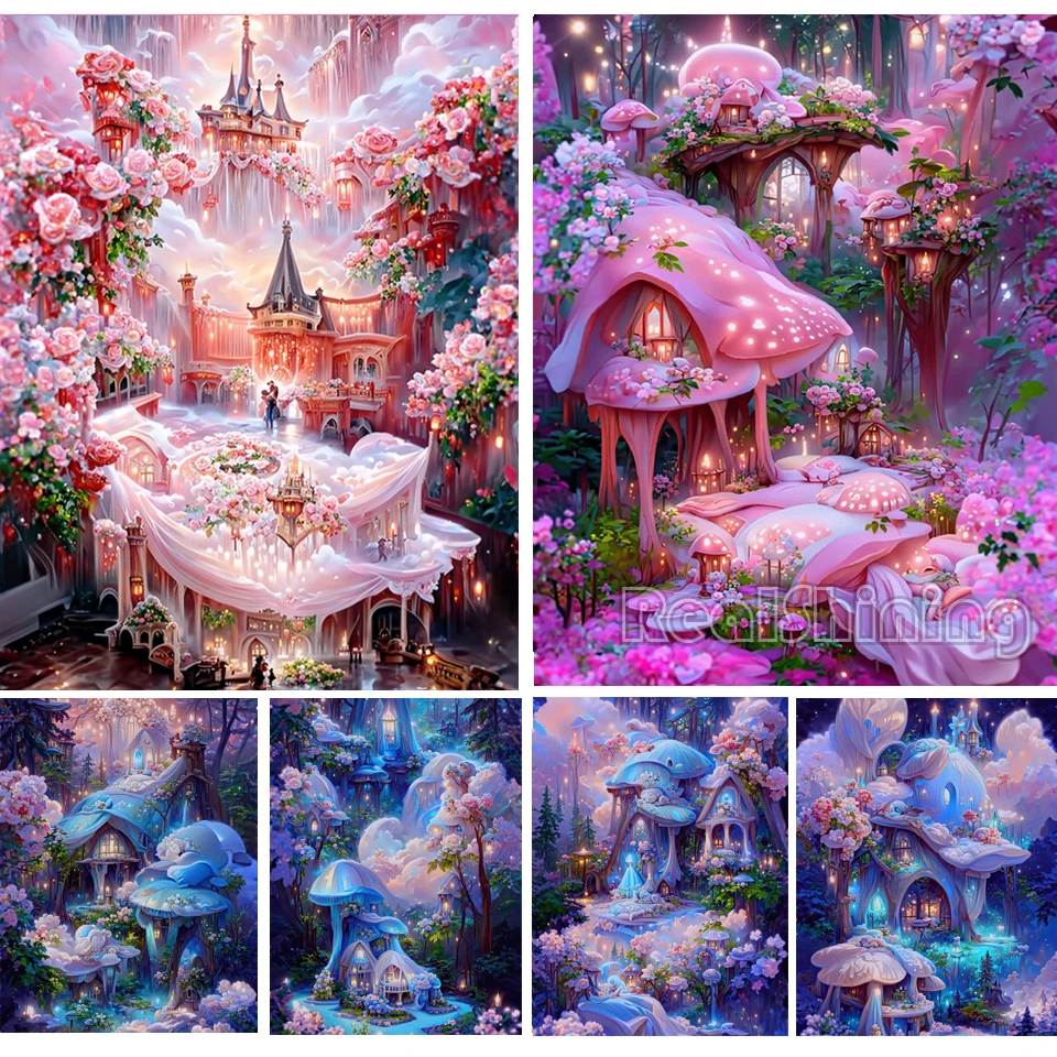 Mushroom House Castle Diamond Painting Fantasy Flower Scenery Diamond Mosaic Embroidery Rhinestone DIY Princess Decoration A138