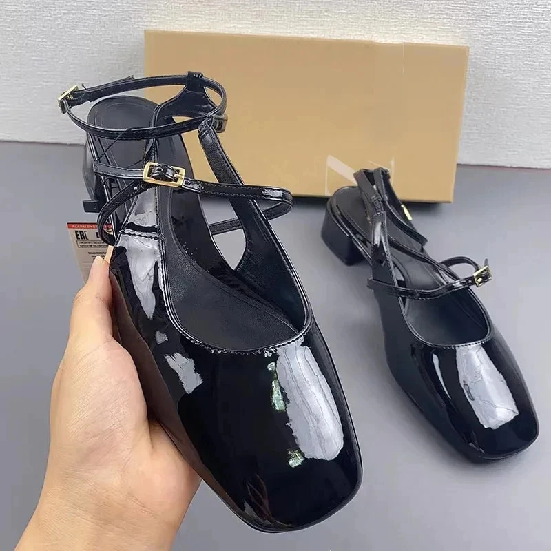 MARY JANE Style Square Heels For Woman Round Head Ankle Buckle Strap Pumps Shoes Women Retro Concise Slingbacks Black Sandals