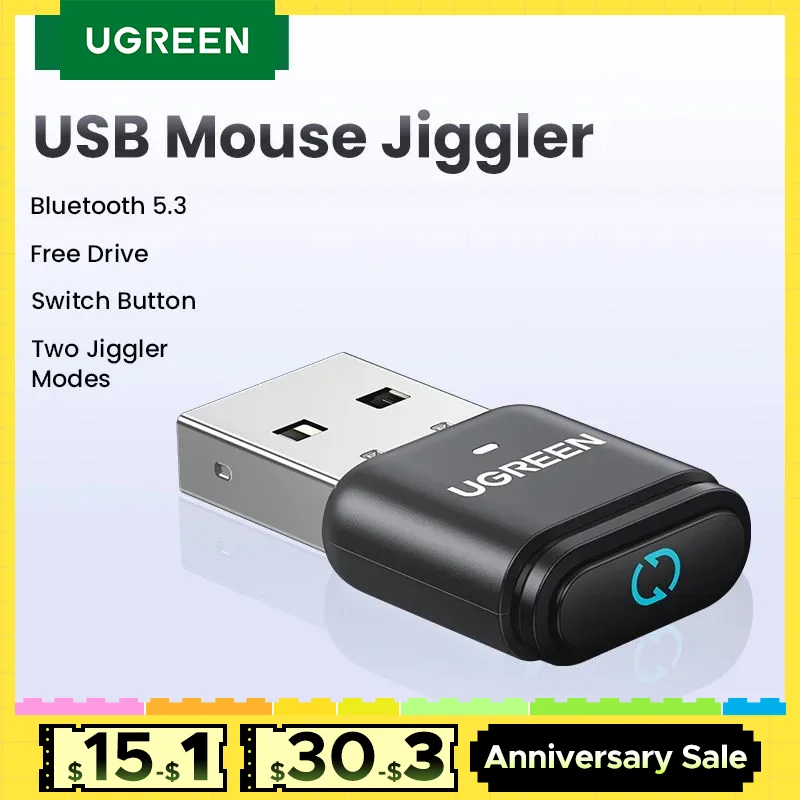 UGREEN Mouse Jiggler USB Wireless Bluetooth Dongle Adapter Mouse Mover with Switch Button, Shaker 2 Jiggle Modes, Keep PC Awake