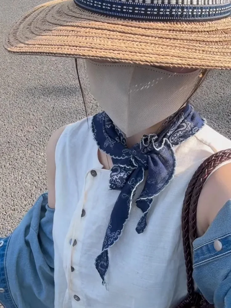 Bufanda floral de lino y algodón ligero retro para mujer, pañuelo pequeño artístico Sli de verano, accesorio versátil