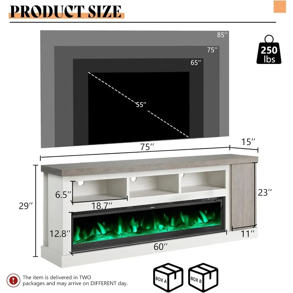 Supporto TV per camino da 75" con camino elettrico in vetro da 60", centro di intrattenimento multimediale rustico a contrasto di colore con spazio di archiviazione