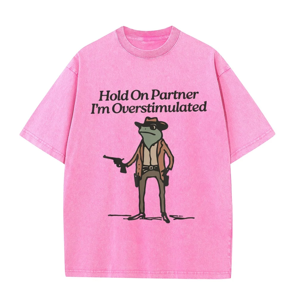 Hold On Partner I'm Overstimulated Cowboy Frog Vintage T-Shirt Y2k T Shirt Men's Fashion Man Clothes Multi Color Plus Cotton