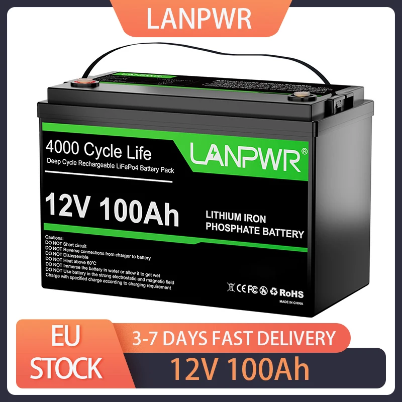 LANPWR 12V 100Ah LiFePO4 Battery Pack, 1280Wh Energy, with 4000+ Deep Cycles & Built-In 100A BMS, Non-Bluetooth