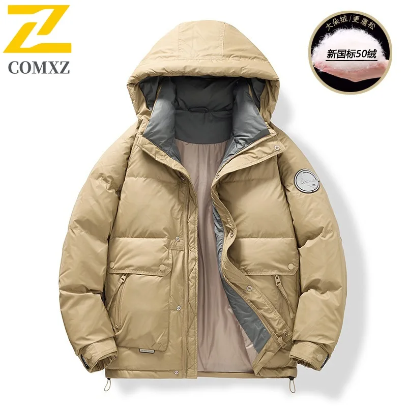 COMXZ Men Down Jacket Autumn Winter New Camping Windproof White Duck Down Hooded Casual Versatile Trendy Solid Color Outerwear