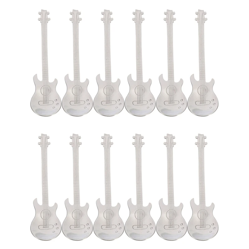 Guitar Coffee Spoons 12-Pack Creative Cute Spoons Stainless Steel Teaspoons Stirring Spoon Guitar Shaped(Silver)