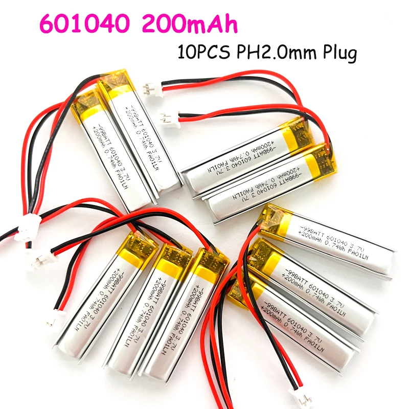 10pcs 3.7V 200mAh 601040 Lithium Polymer Ion Battery Rechargeable for Recording Pen Bluetooth Headset Early Education Machine